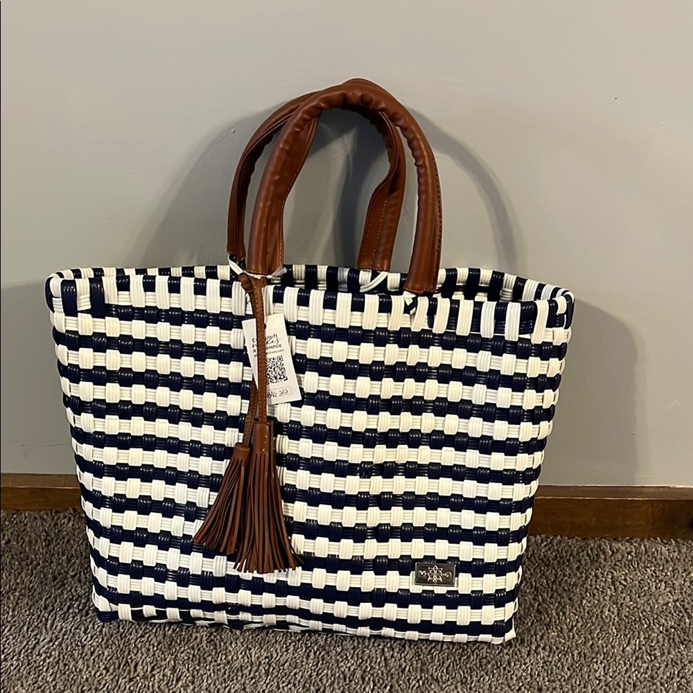 Stylish Navy and White Tote Bag with Brown Handles